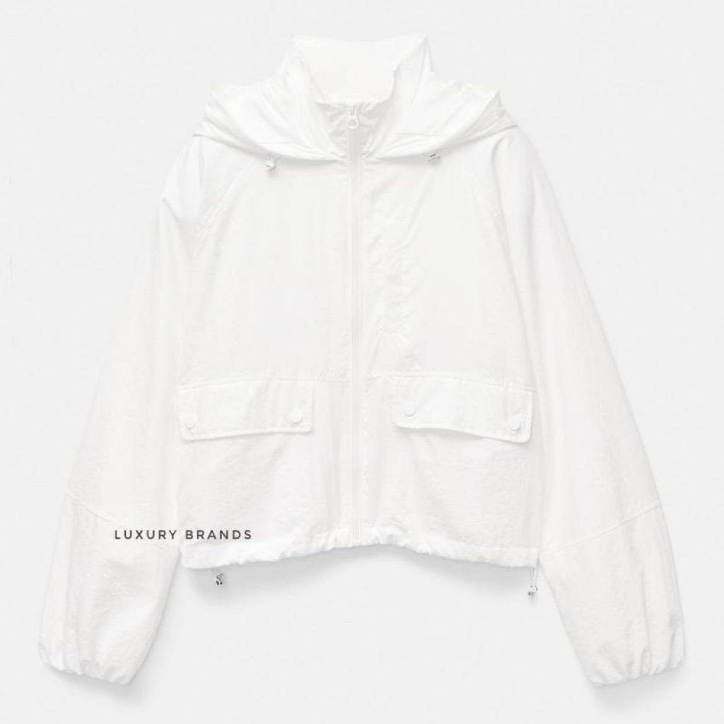 Jaket Hoodie PULL AND BEAR Lightweight Hooded White Original