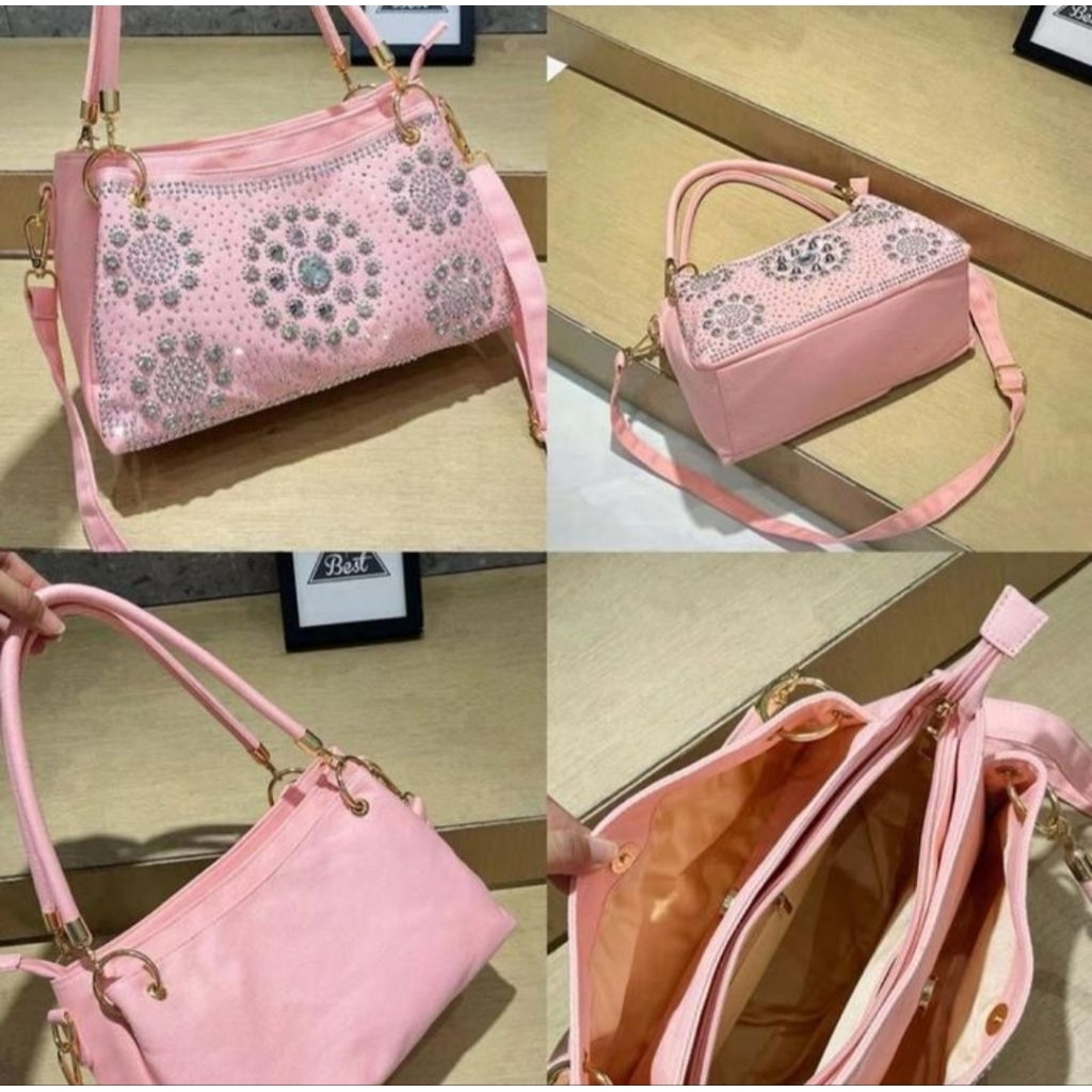 9972-11 JEANS PINK tas wanita jeans elegant mewah tas pesta banyak ruang