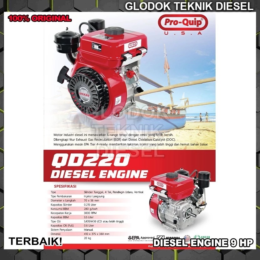 PROQUIP Engine Penggerak DIESEL SOLAR 9 HP QD220 9 PK / Mesin Penggerak Serbaguna Solar Diesel Ketin