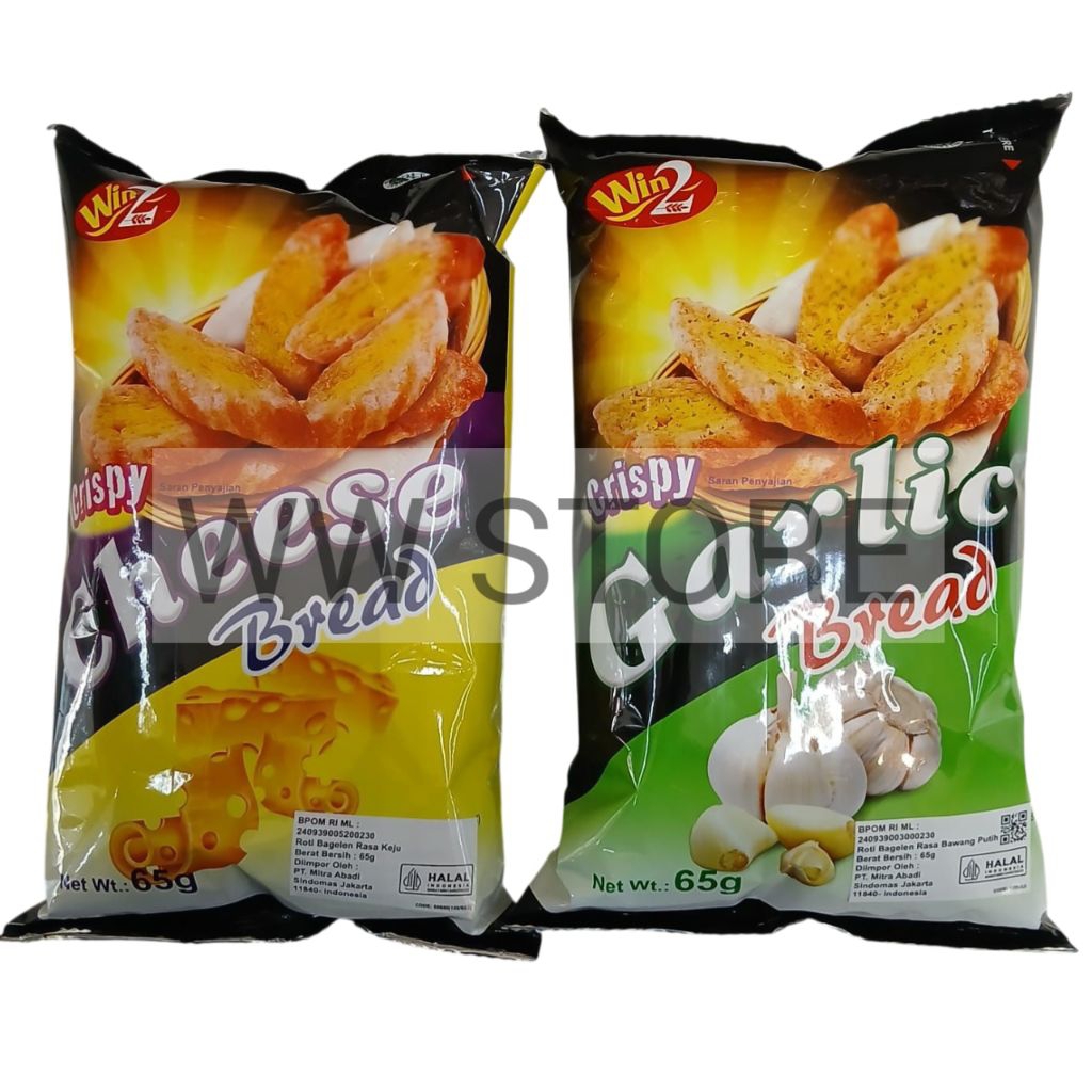 

Cemilan snek makanan ringan roti bagelen rasa keju / bawang putih halal MUI Win2 Win Win 2 Crispy Cheese / Garlic Bread 65g