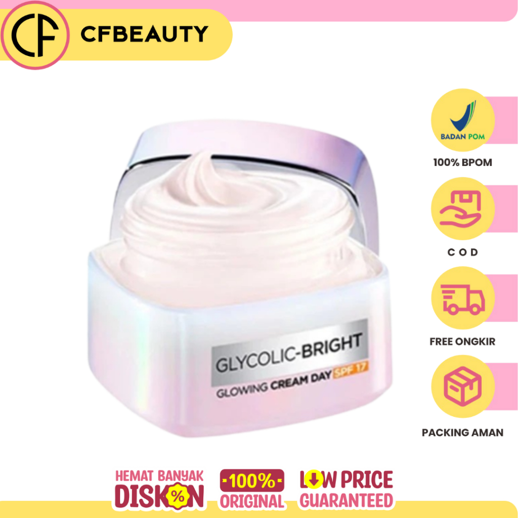 L'Oreal Paris Glycolic Bright Glowing Day Cream SPF17/18 - 15ml/50ml Krim Siang Glyco Loreal