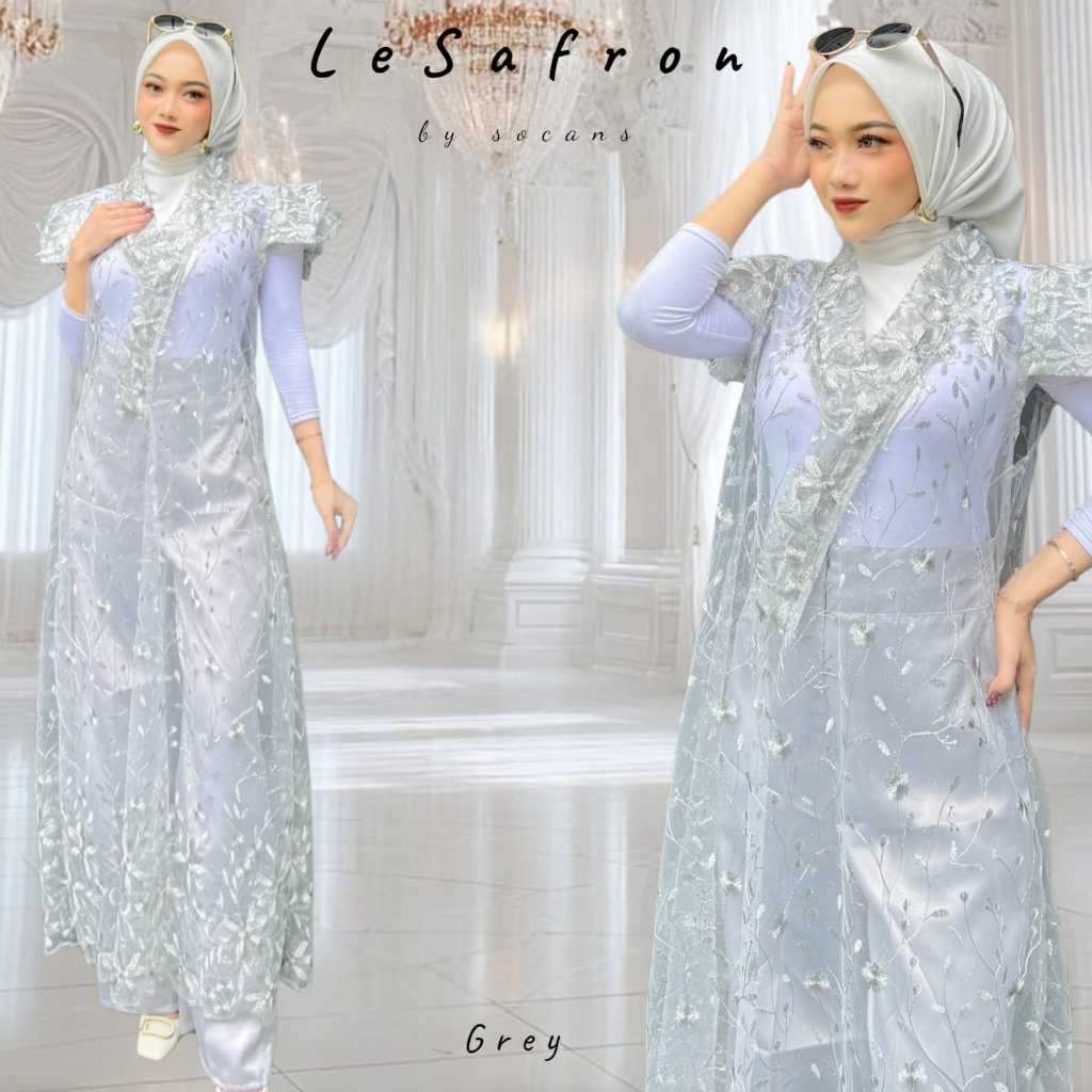LeSafron set OUTER panjang 2in1 | tile bordir | baju muslim oneset setelan Celana | utk pesta kondan