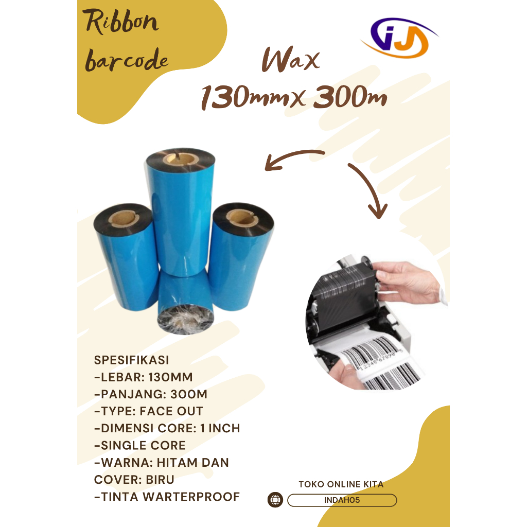 Ribbon Barcode Wax / Sticker Ribbon Barcode Wax / Wax Ribbon 130mm x 300m Face Out