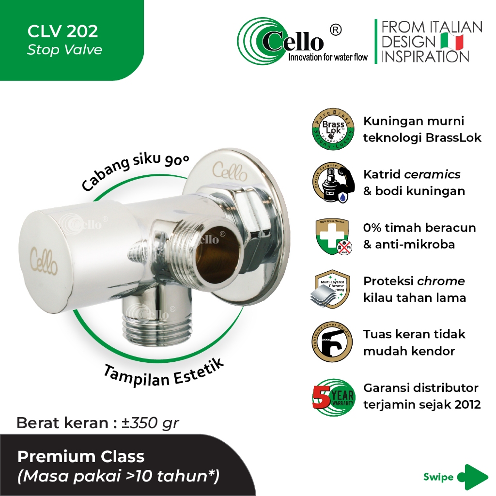 [Cello CLV-202] Stop Kran Cabang Siku Sudut 90° Drat 1/2" Kuningan | Keran WC Duduk / Kloset | Keran