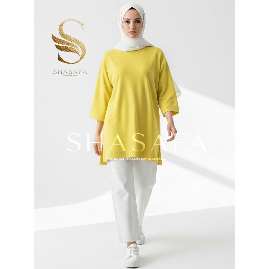 SHASAFA Tunik Wanita Muslimah Kuning Lemon Atasan Polos Oversize Casual Elegan | TUNIKOV008