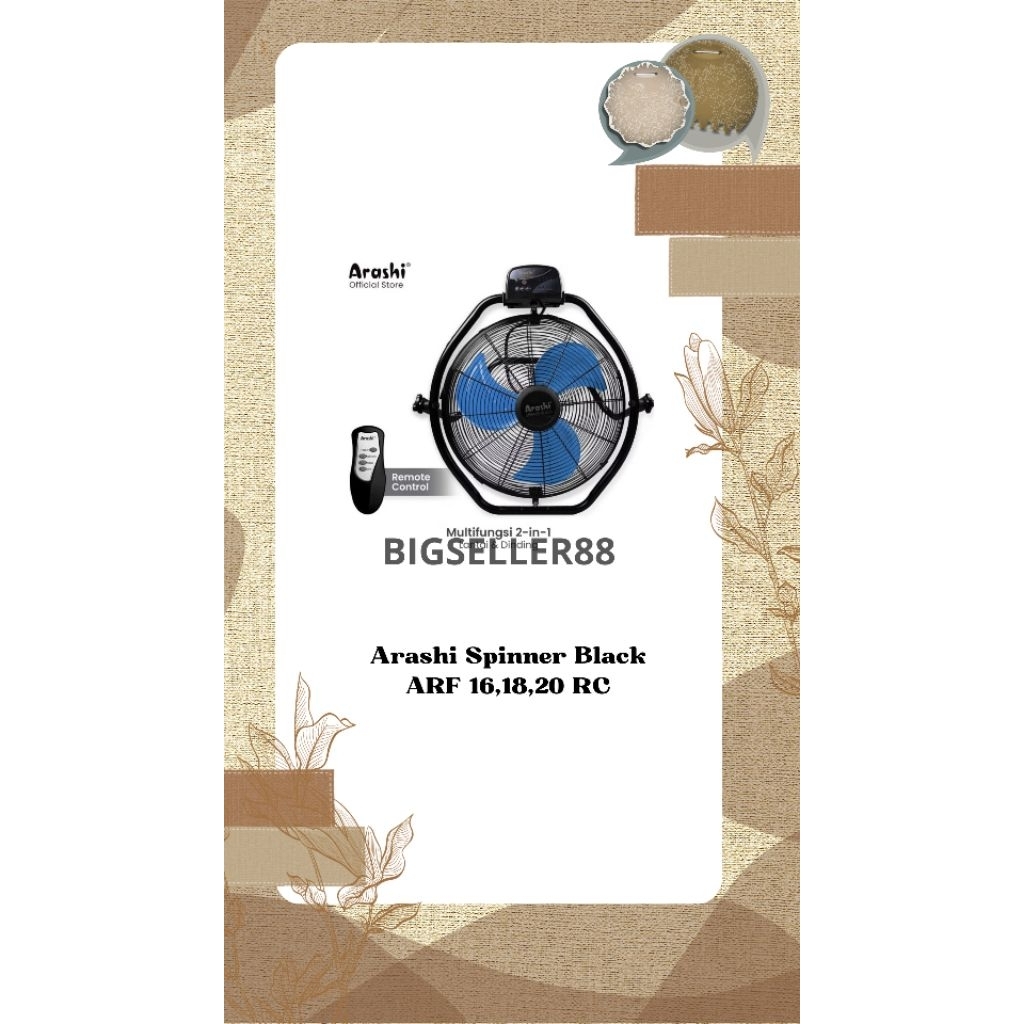 Arashi Spinner Black ARF 16,18,20 RC Kipas Angin Industri Lantai & Dinding 16,18,20 Inch 2in1+Remote