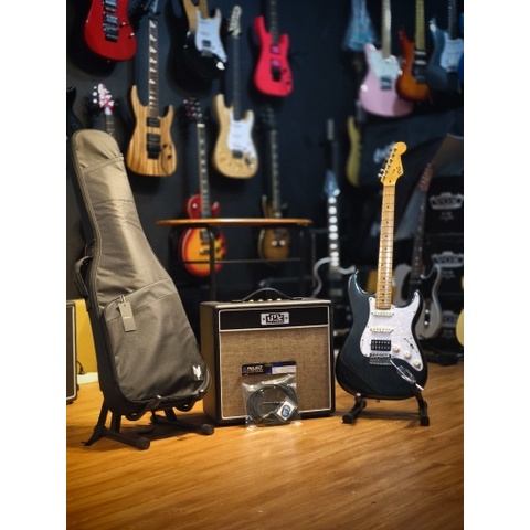 Bundling Paket Complete Guitar Electric YMS STR II HSS Series Black Original Made in Indonesia