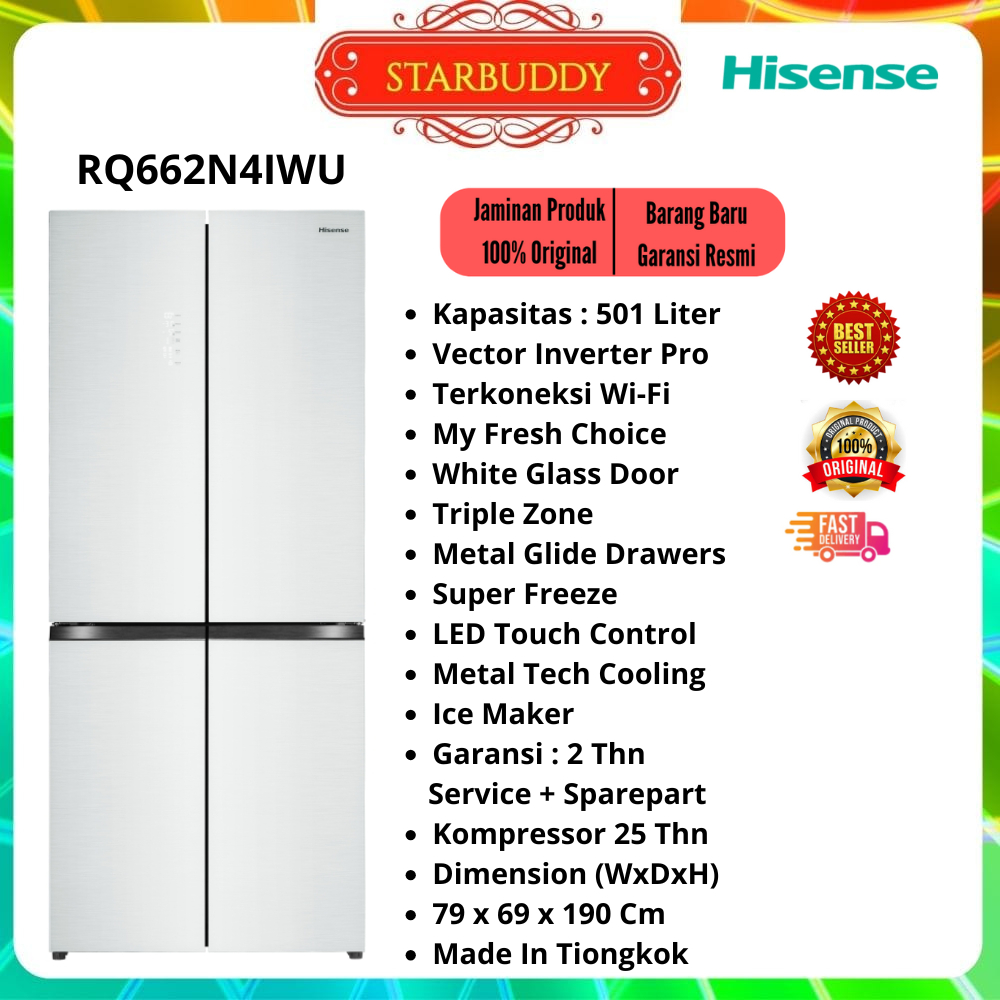 KULKAS HISENSE RQ662N4IWU MULTI DOOR 4 PINTU 501L - INVERTER PRO