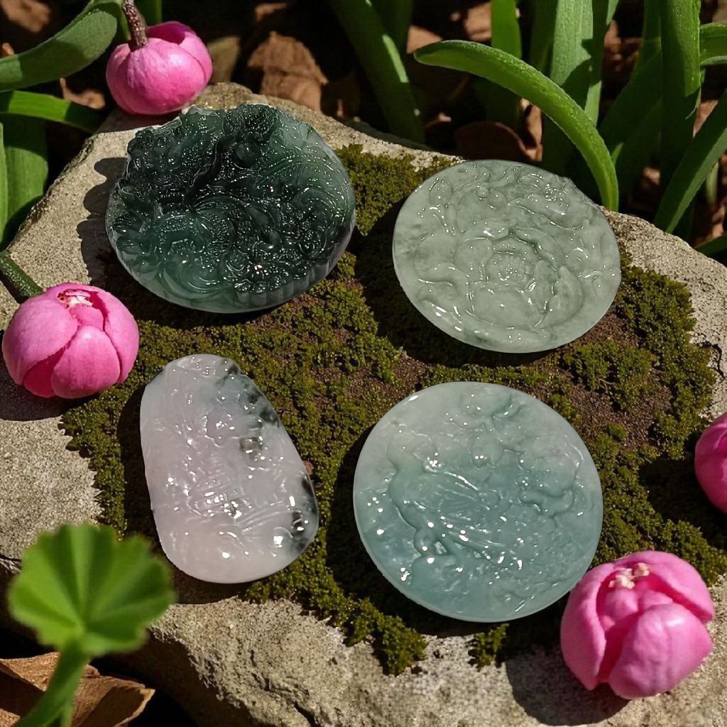 057C CARVING Natural Burma Jade Guatemala Blue Water Jade Lotus Flower Rose Love Birds Landscape Dra