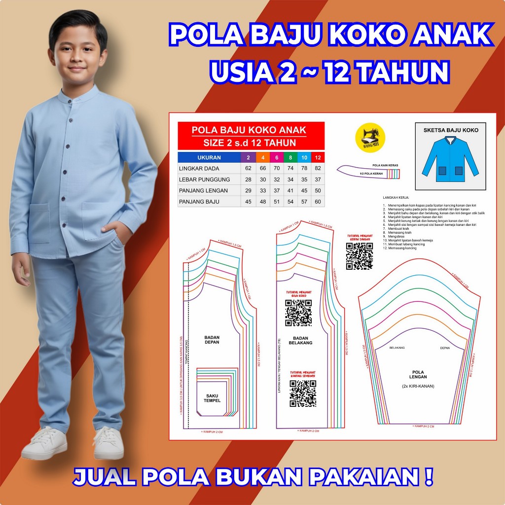 POLA JIPLAK BAJU KOKO ANAK | POLA MENJAHIT SEWING PATTERN