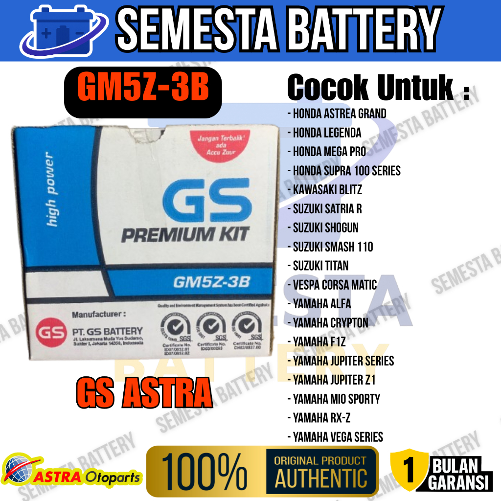 Aki Basah Motor GS Astra GM5Z-3B Garansi 1 Bulan – Cocok untuk Honda Astrea Grand, Legenda, Mega Pro