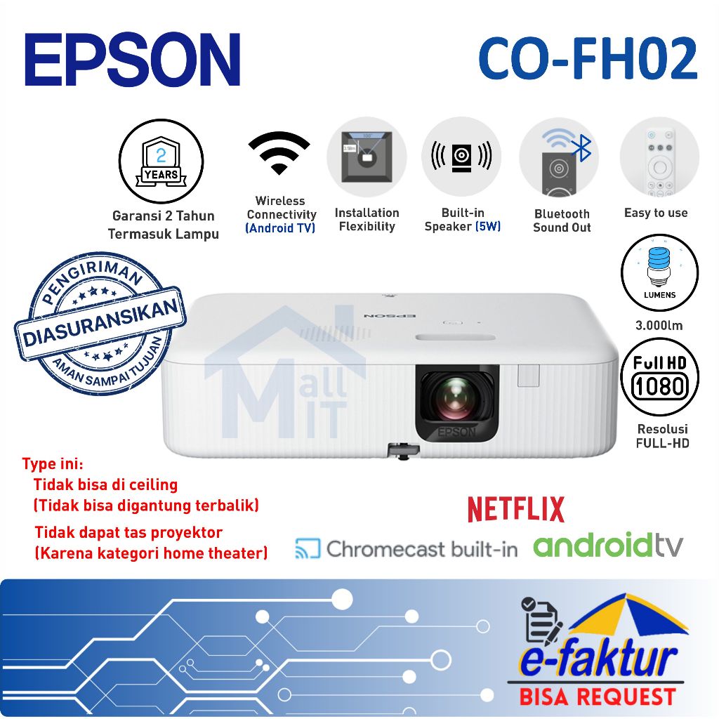 MALLIT EPSON Proyektor EPSON CO-FH02 COFH02 CO FH02 FULL HD Android TV Portable Medan