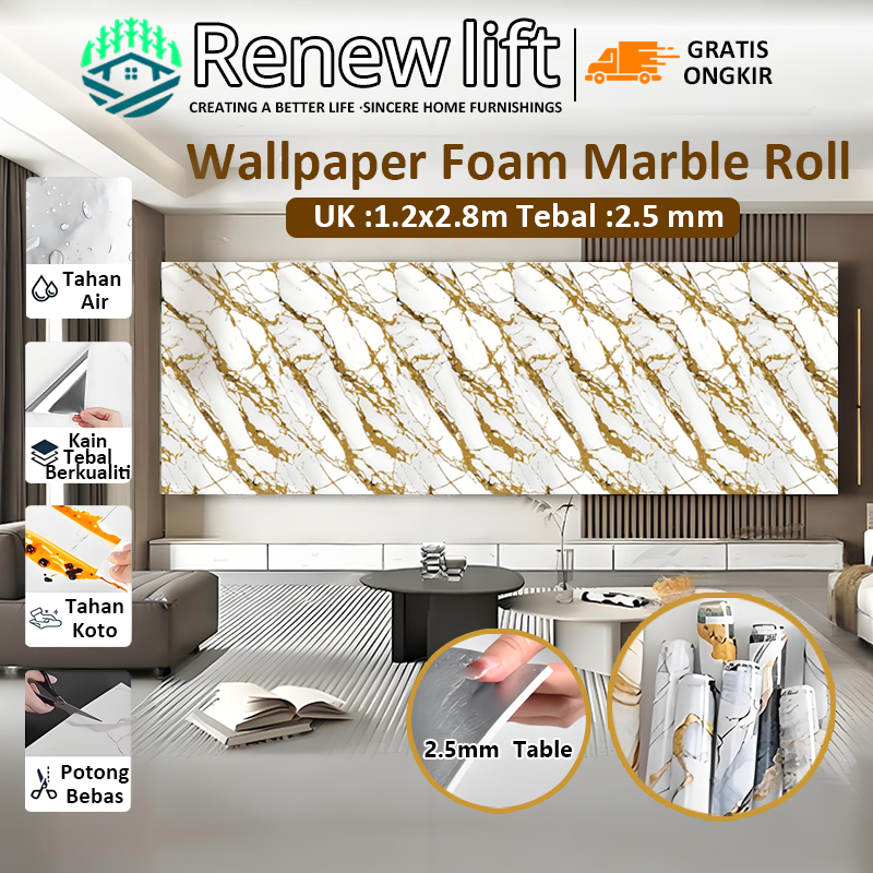 Wallpaper 3D Dinding Vinyl Marble 1.2 x 2.8 Meter Tebal 2.5mm/Marble Sticker Dinding Marmer Granit B