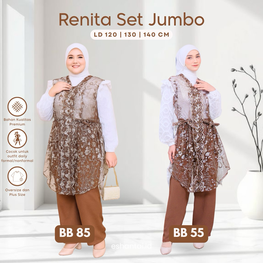 Eshantai Big Size Renita L-XXXXL One Set Kondangan Mewah Outer Muslim Baju MewahTunik Panjang LD 120
