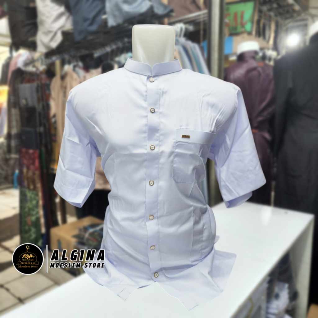 Koko Al Wafa Putih KF Lengan Pendek Bahan Satin Korea Kancing Thailand Full | Baju Muslim Lengan Pen
