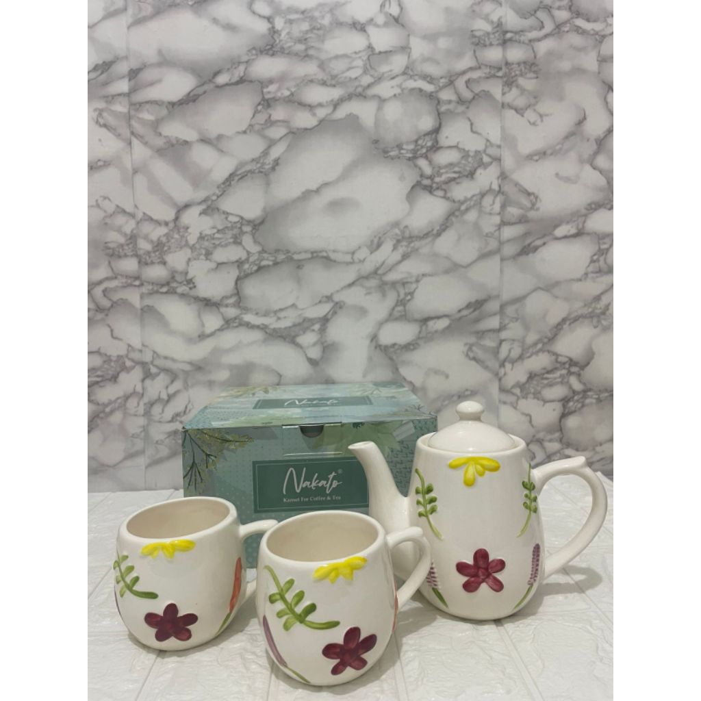TEA SET GELAS MOTIF TIMBUL MURAH / TEKO TEA