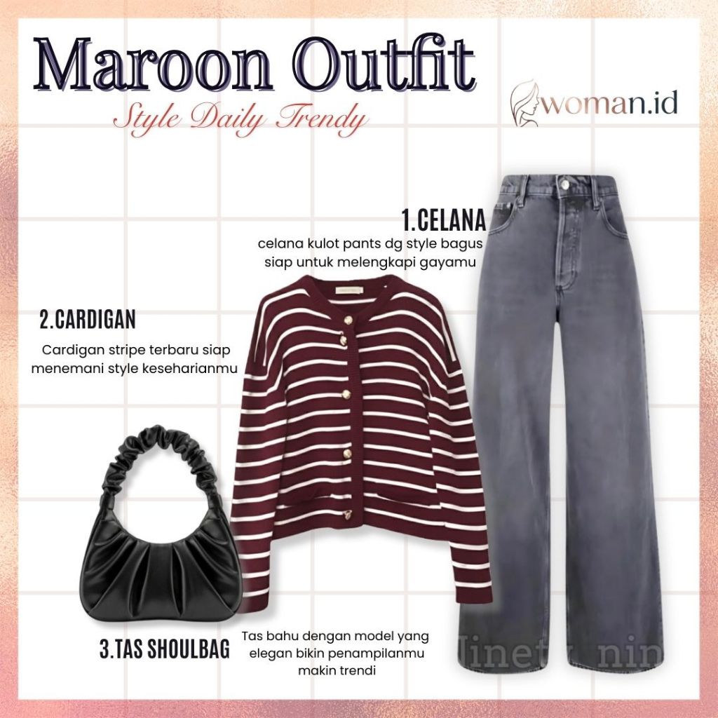 Woman.iid| Outfit 3in1 Maroon Outfit- Outfit Wanita Kekinian (Celana Kulot Jeans+ Cardigan+ Tas Keru