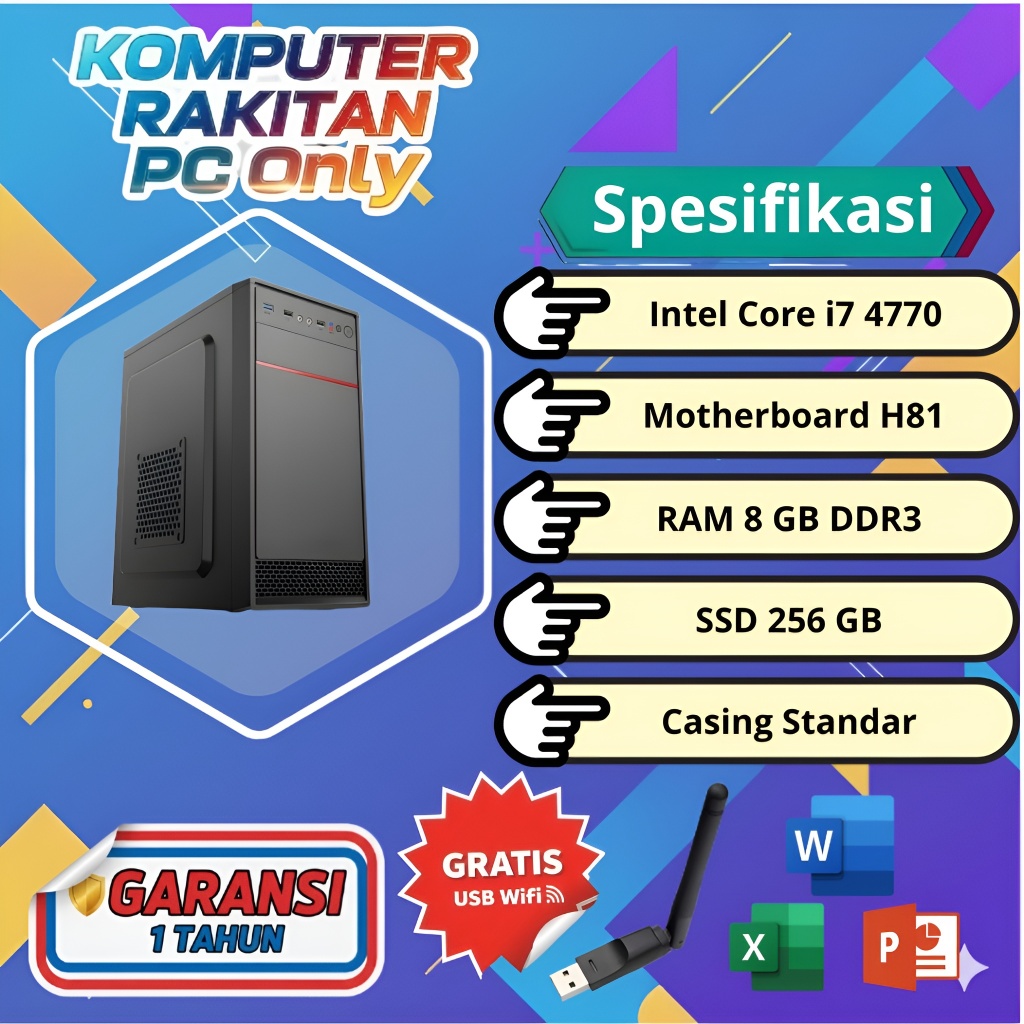 Komputer Rakitan Core i7 4770 RAM DDR3 8GB SSD 256GB PC ONLY PC Rakitan