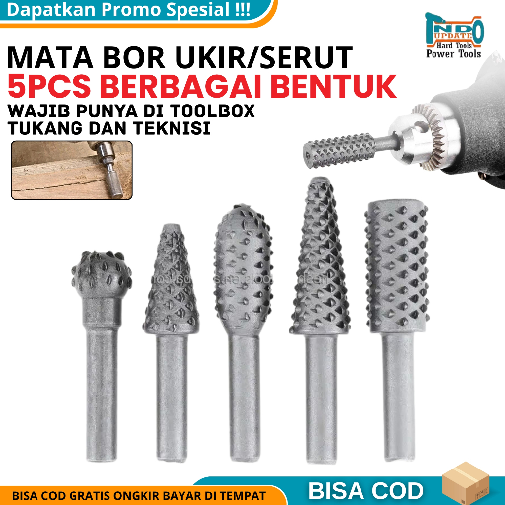 Mata Bor Kikir Kepala Mesin Bor Ukir Ukiran 1set 5pcs Penggiling Kayu / Besi Milling Power Rotary Mi