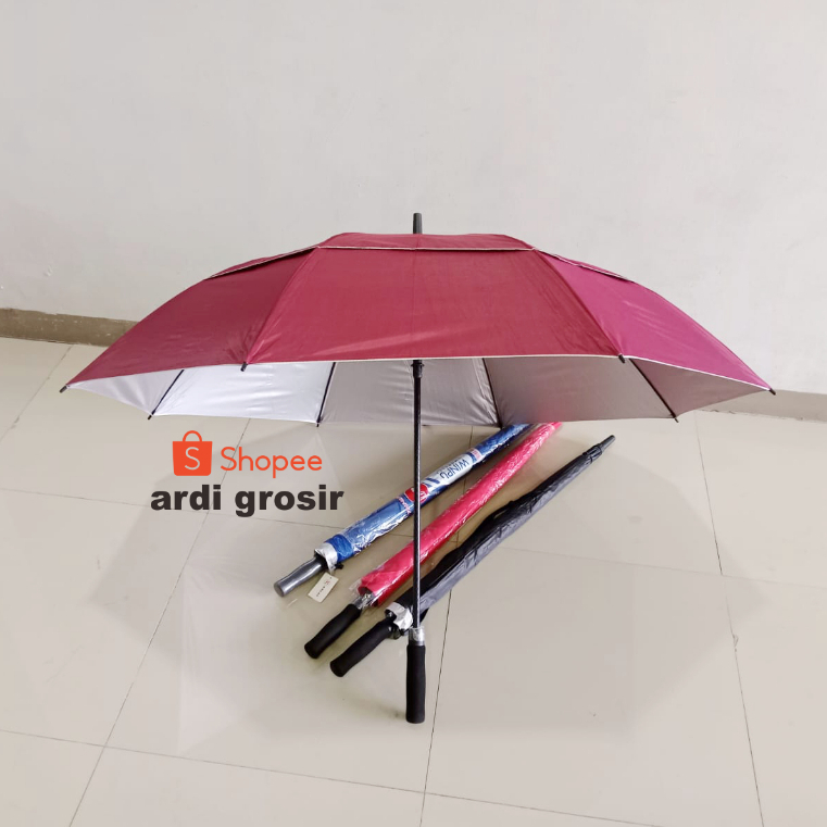 Payung Golf Otomatis Susun Jumbo Polos Lapis Hitam/Silver ANTI UV Free Sarung Kain + Tali Nagoya