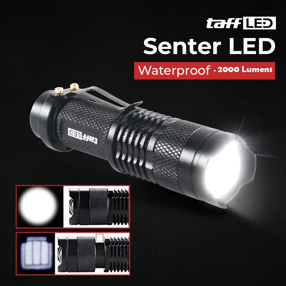 GlestRadio - TaffLED Lampu Senter LED 2000 Lumens Zoom Waterproof - Pocketman P1 - Black