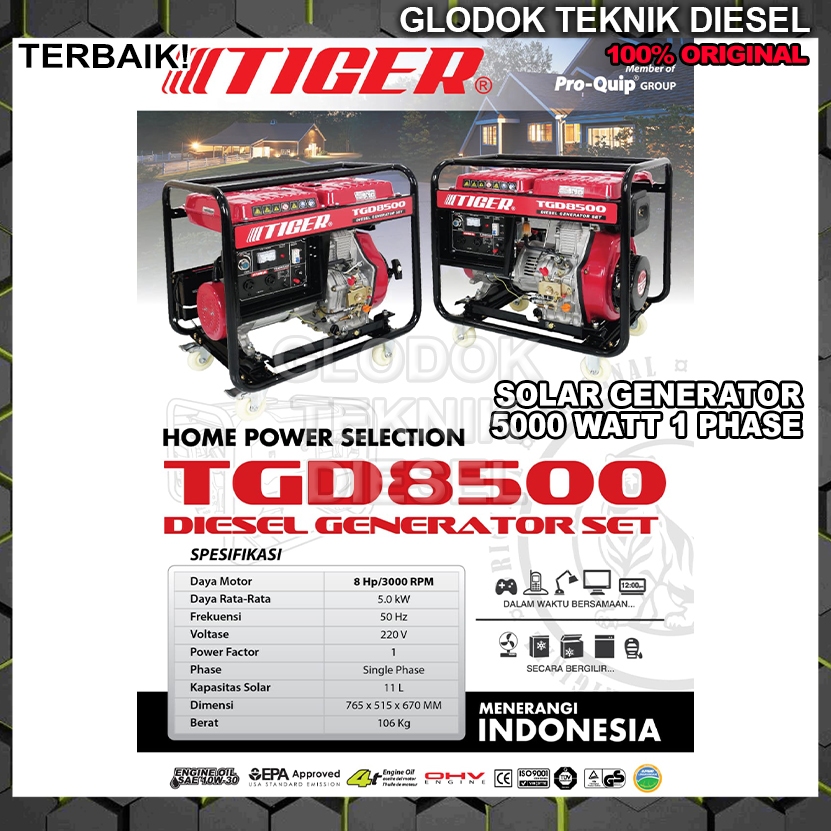 Genset Listrik 5000W DIESEL TIGER TGD8500 SOLAR / Power Generator Genset 5000Watt Gasoline Solar Gen