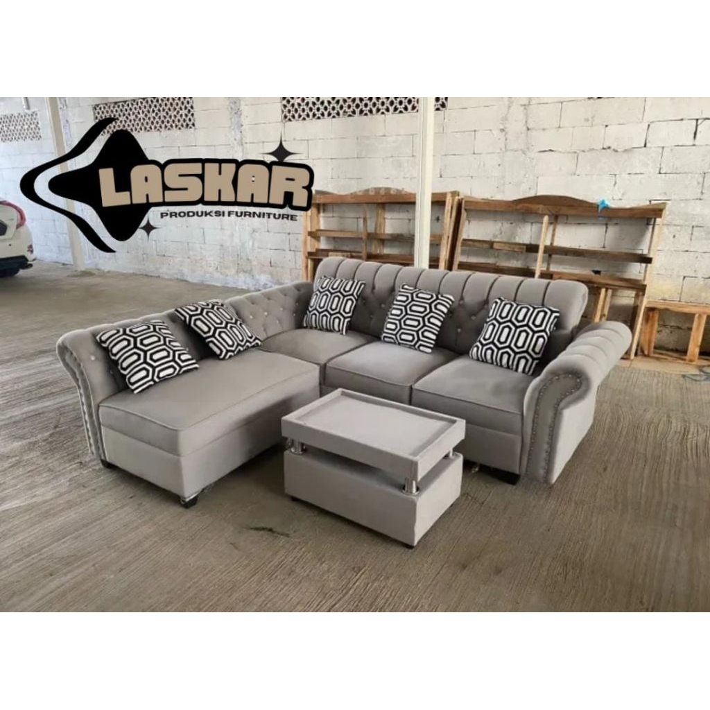 Sofa L putus bludru berkualitas