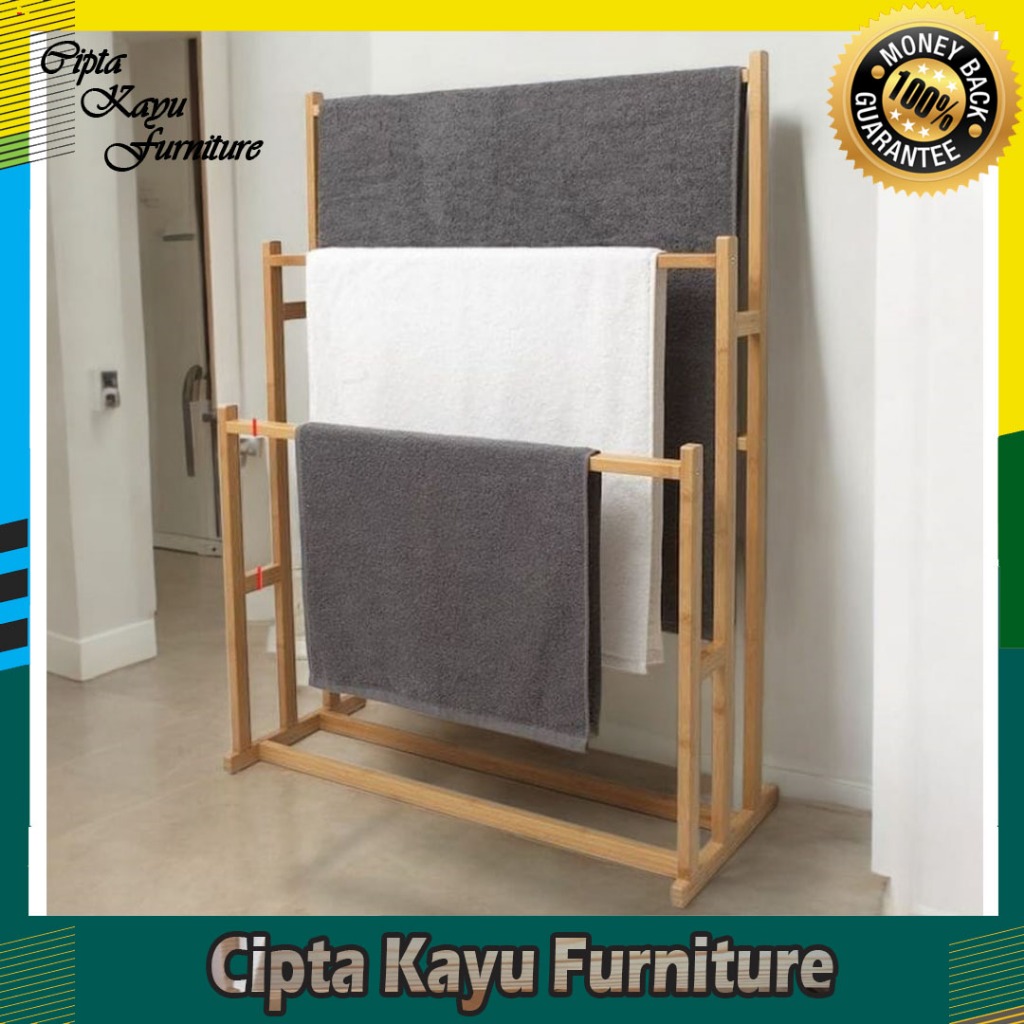 Rak Handuk Jemuran Aesthetic, Tempat Gantungan Handuk Kayu, Jemuran Handuk dari Kayu Jati Belanda, G