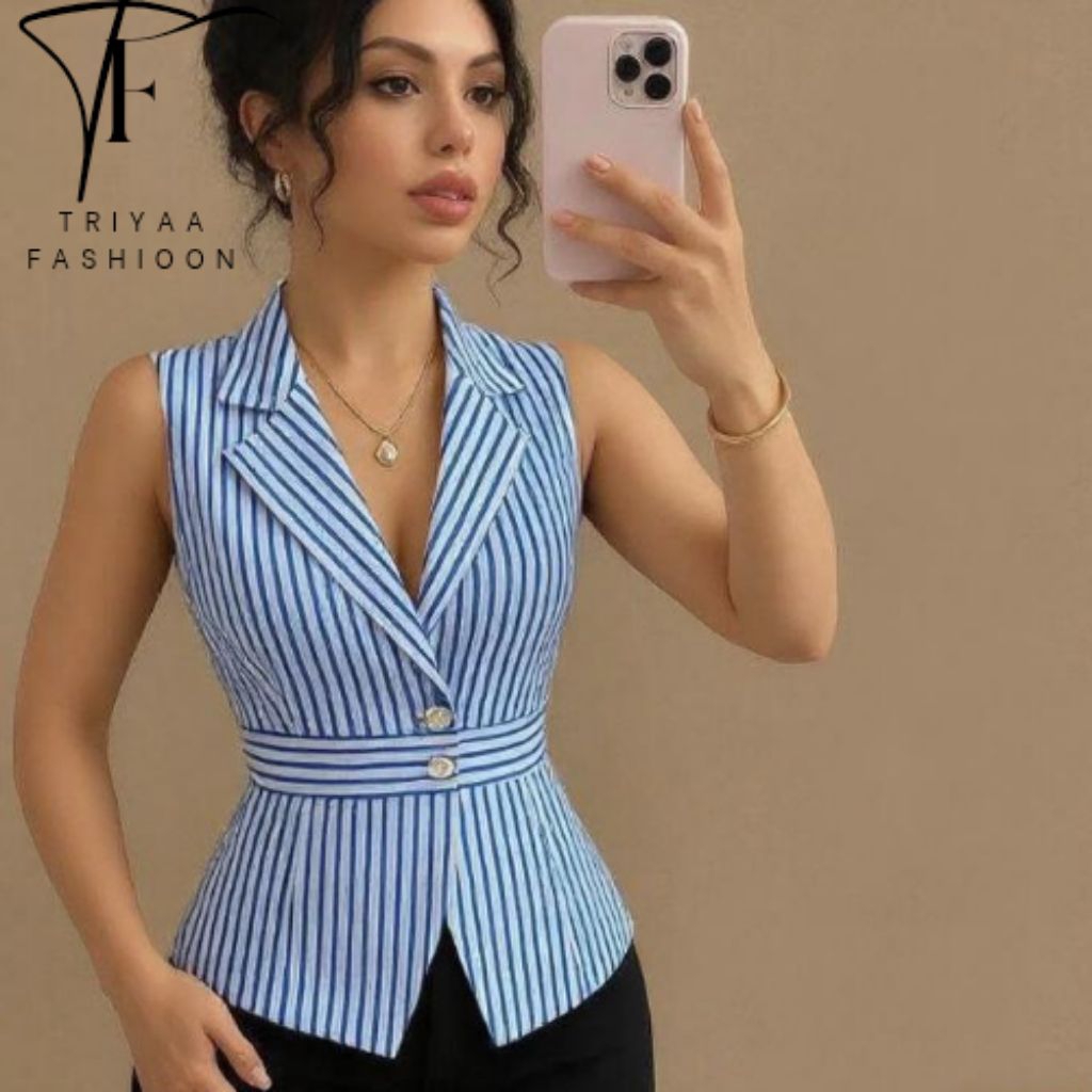 Baju Rompi Vest Blazer Motif Garis Wanita