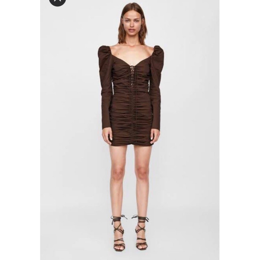 Zara Ruched Puff Sleeve Dress Limited Edition