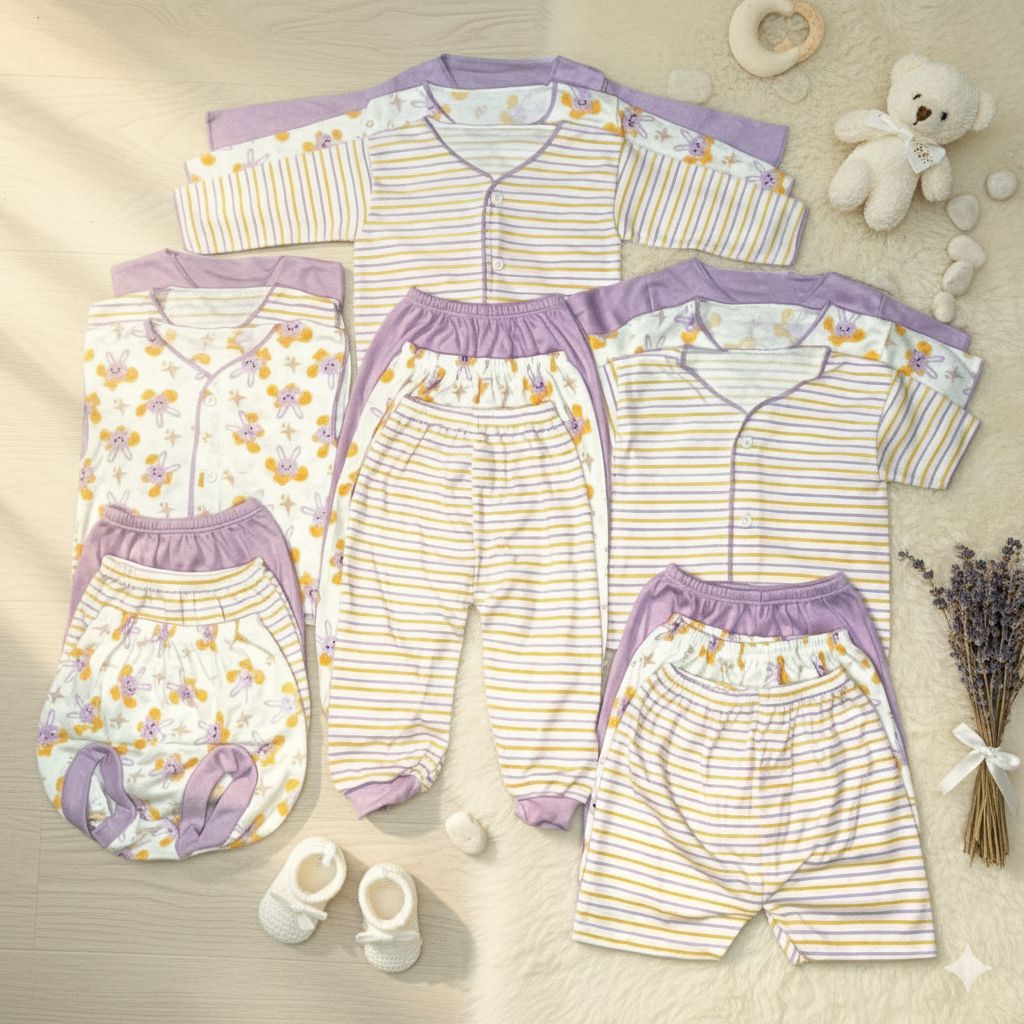 paket 18pcs serie lilac baju bayi celana bayi newborn laki laki& Perempuan Lengan panjang pendek bah