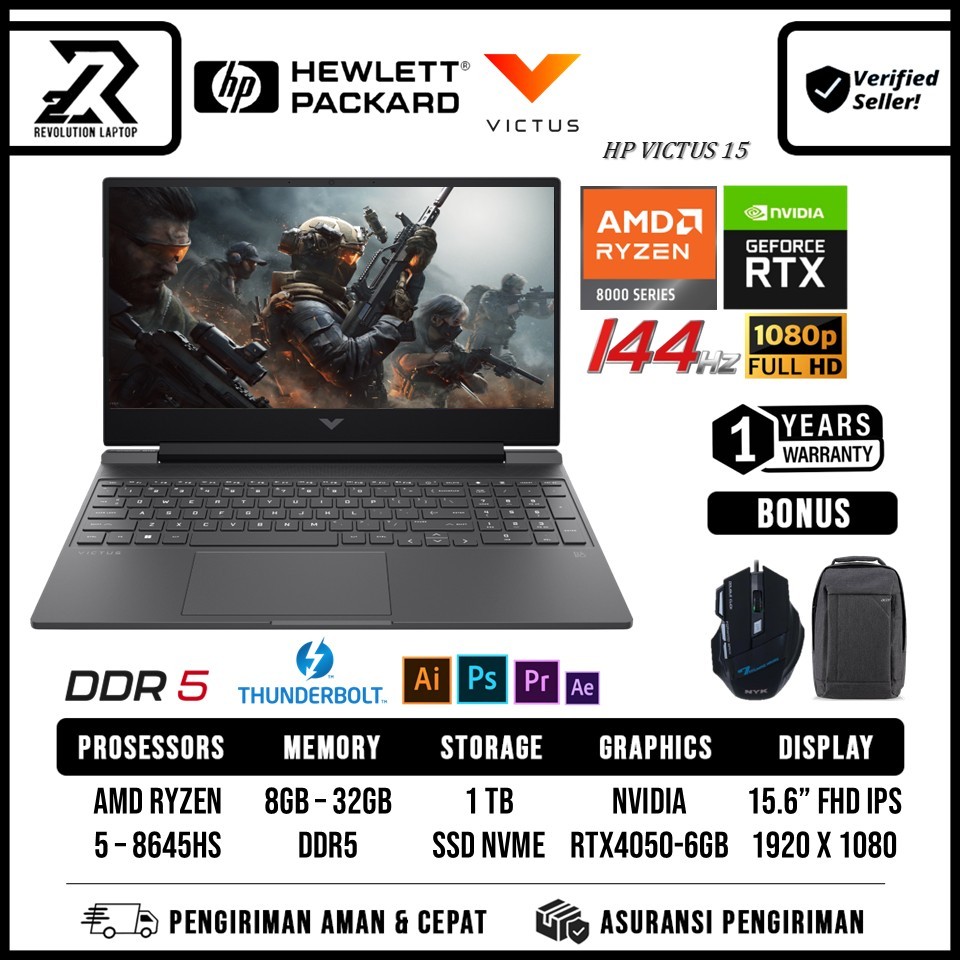 Laptop Gaming HP Victus 15 AMD Ryzen 5 8645HS RTX4050 Ram 32GB 1TB SSD FHD 144hz Windows 11 Home