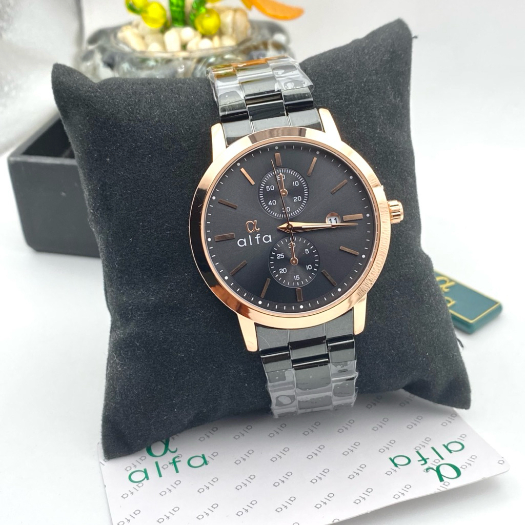 ALFA Watch Jam Tangan Pria Original Tipe-80001-2 Ikatan Rantai Bahan Stainless Stell Analog Casual M