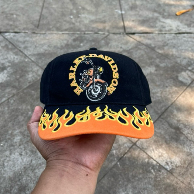 Harley Davidson Born To Ride Baseball Hat Adjustable Flames 90s archive flame bike ball cap This is 