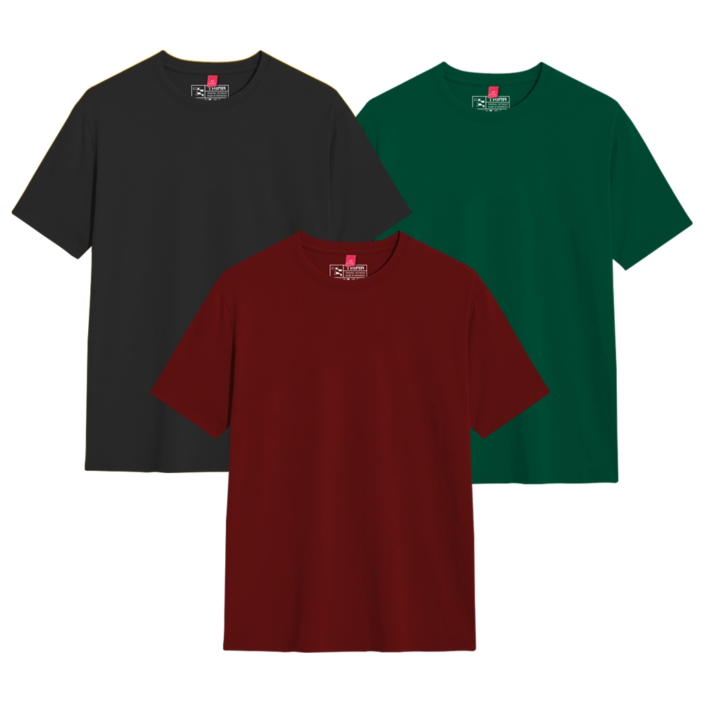 Bundling 3 Pcs Kaos Lengan Pendek Polos Original Dsitro Hitam Marun Hijau Botol