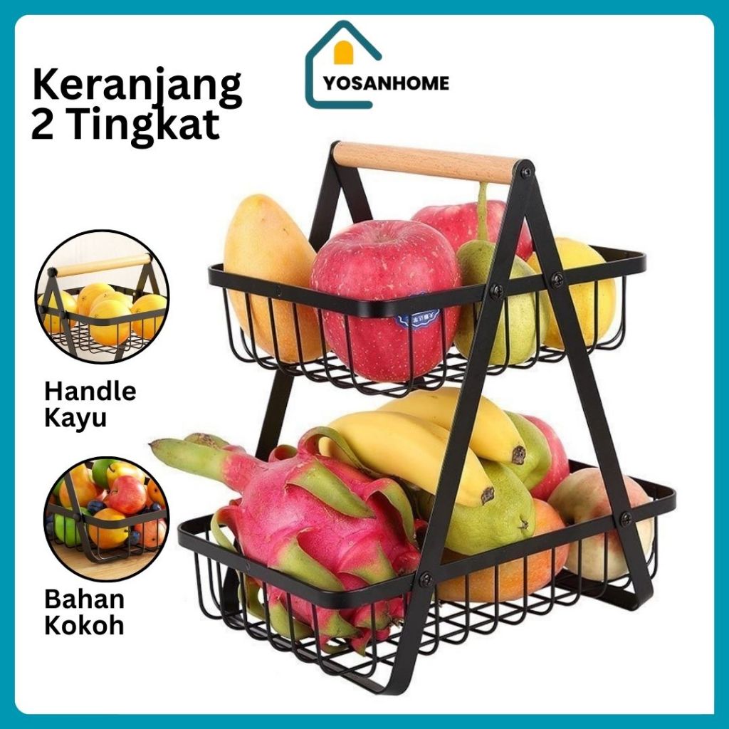 Keranjang Rak Dapur Rak Buah Besi Rak Dapur Besi Kayu Serbaguna 2 Tingkat Bawang Buah Sayur Estetik