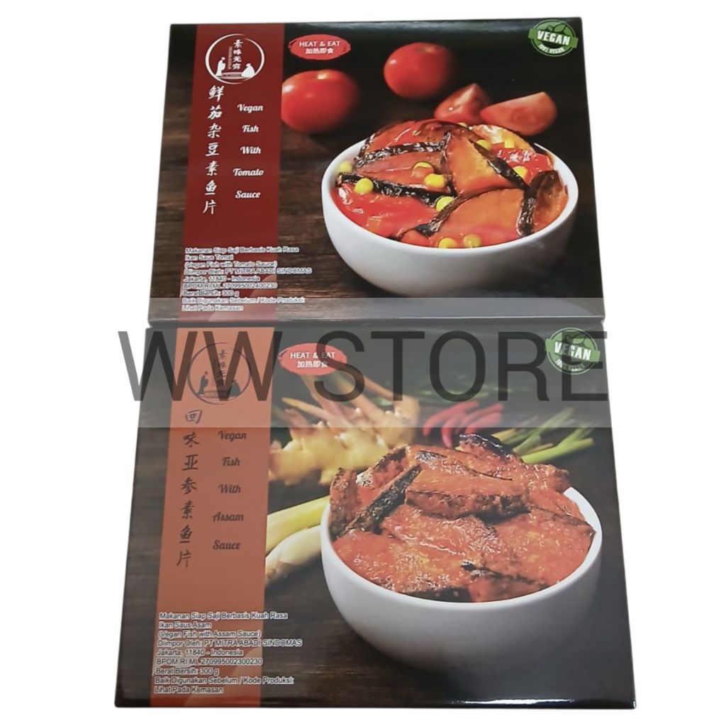 

Makanan siap saji berbasis kuah rasa ikan saus asam / tomat 100% VEGAN VEGGILICIOUS Fish with Assam / Tomato Sauce 300g