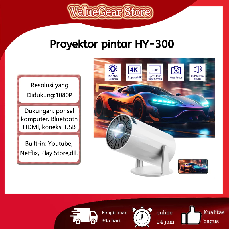 HY300 Proyektor Android 11.0 Bluetooth Proyektor 2.4+5G Wifi 6 Portabel Mini LCD Proyektor Support