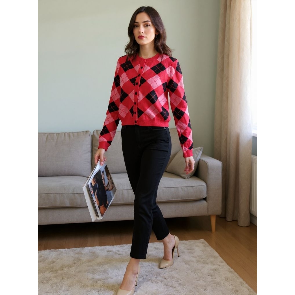 cardigan outer red plaid casual import korea style merah hitam kotak