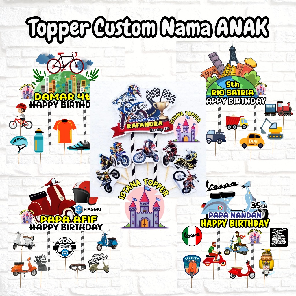 Topper CUSTOM NAMA Tema Motor Trail, Vespa, Sepeda, Macam Kendaraan, / Topper Ultah