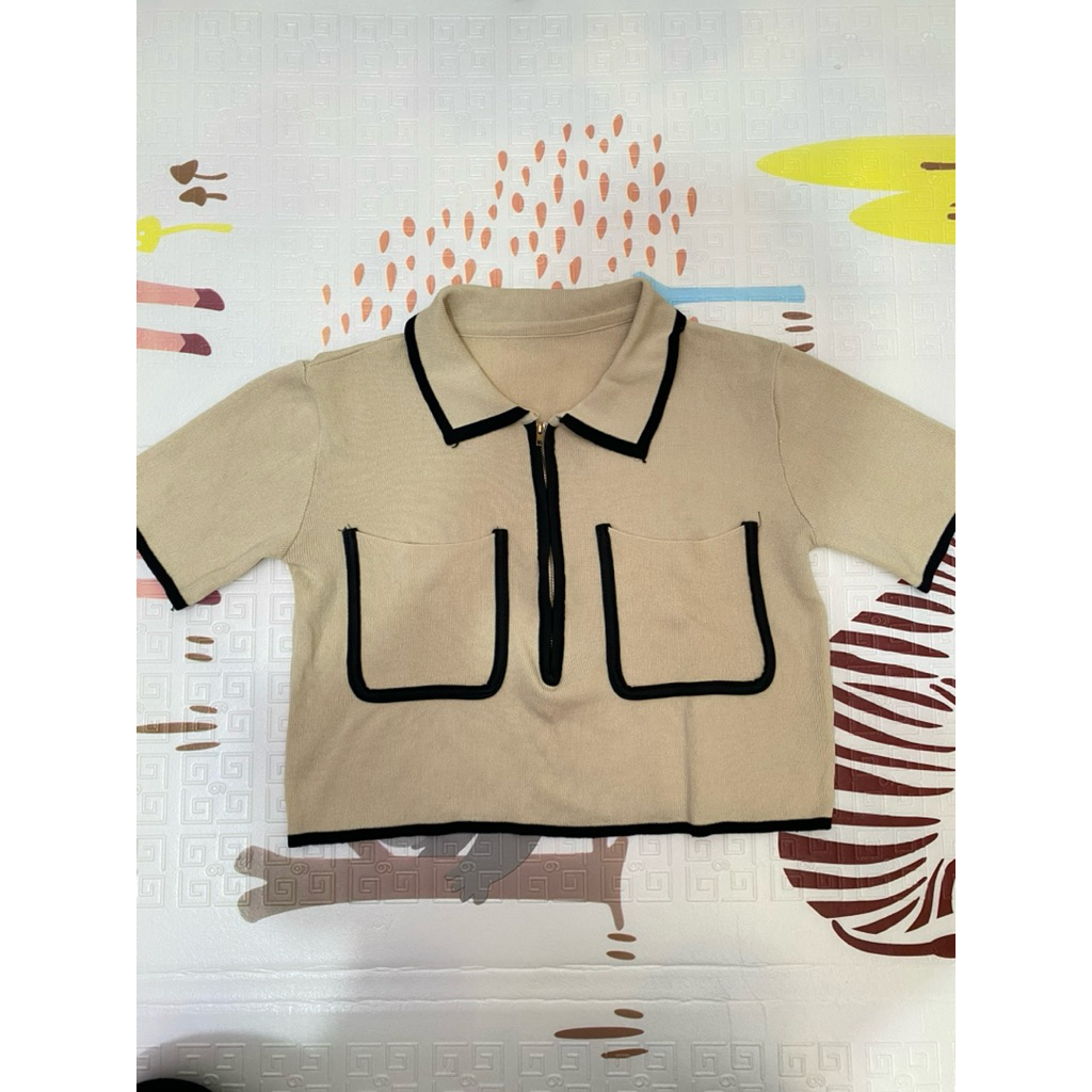 Atasan Knit Baju Crop Top Berkerah Resleting Aktif Murah Berkualitas Korean Style