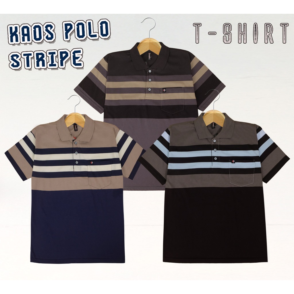 Kaospolos - Kaos Kerah Pria | Polo Shirt Saku Distro Salur Garis-garis | Kaos Motip Stripe Pria