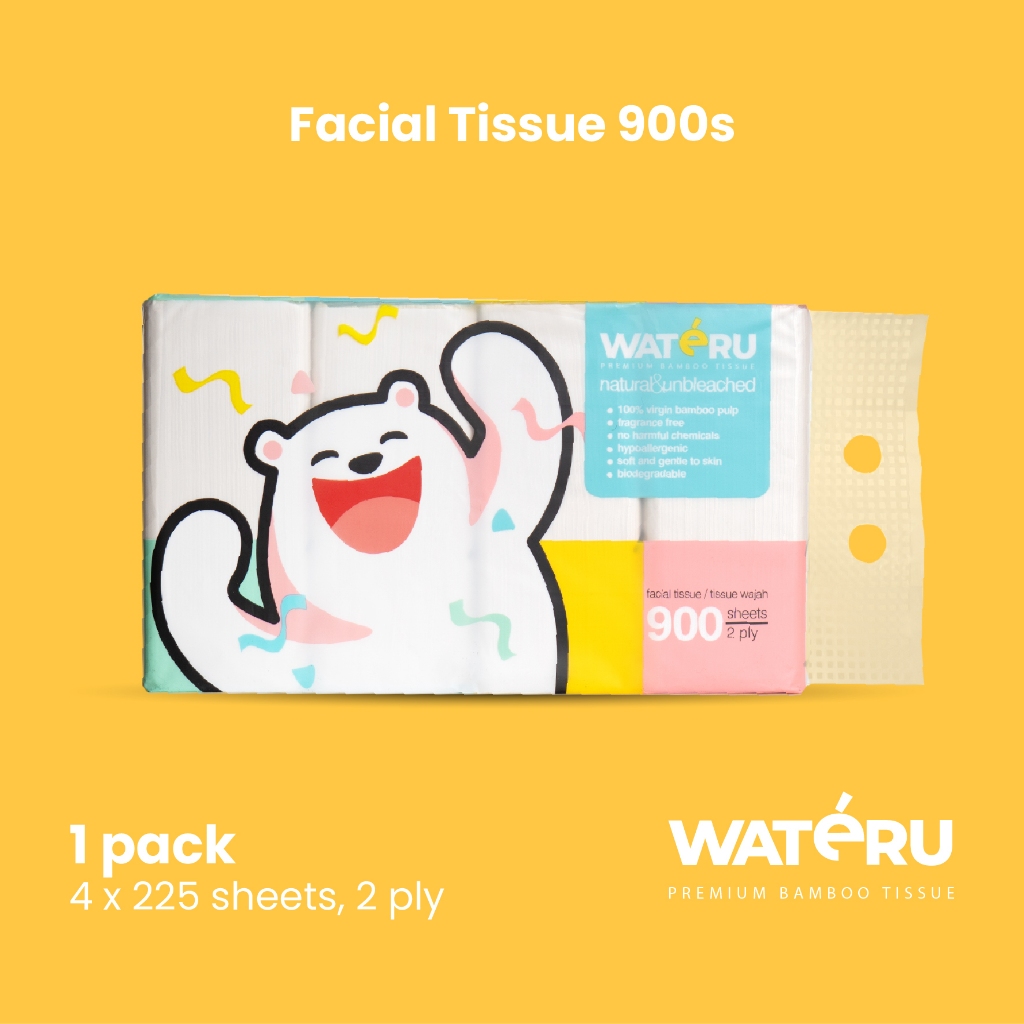 Wateru Facial Tissue 900s, 1 pack, 4 x 225 sheets | Natural & Unbleached | Wateru Premium Bamboo Tis