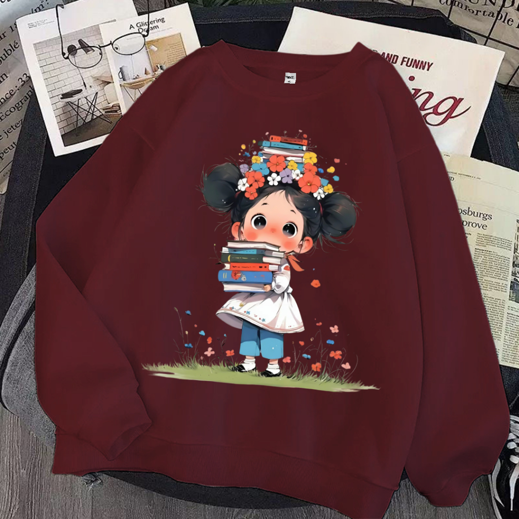 YS BUYER Sweater Oversize Wanita Bahan Katun Gambar Bookworm Girl Aesthetic Korean Style Halus dan N