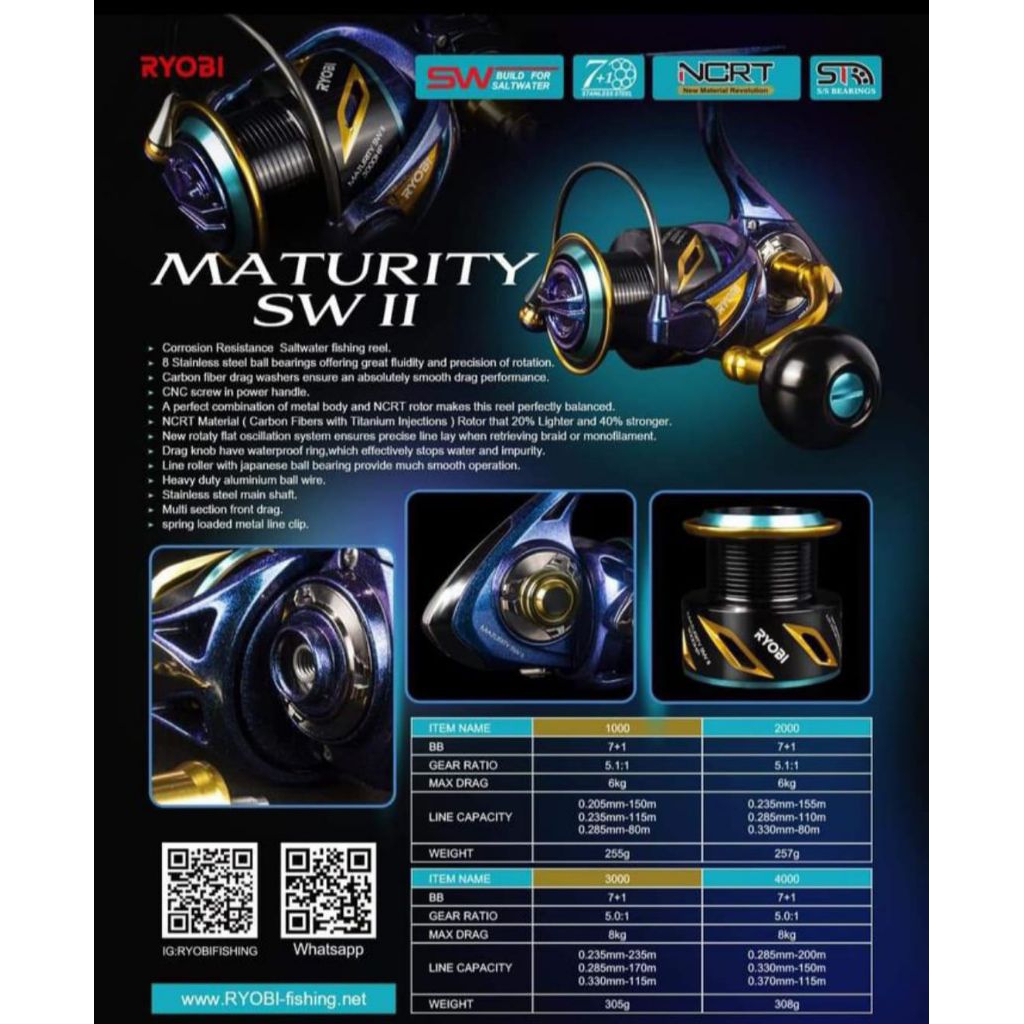 Reel Ryobi Maturity SWII 1000 2000 3000 4000 5000 6000 8000 HPX ril Gulungan pancing spinning jiggin