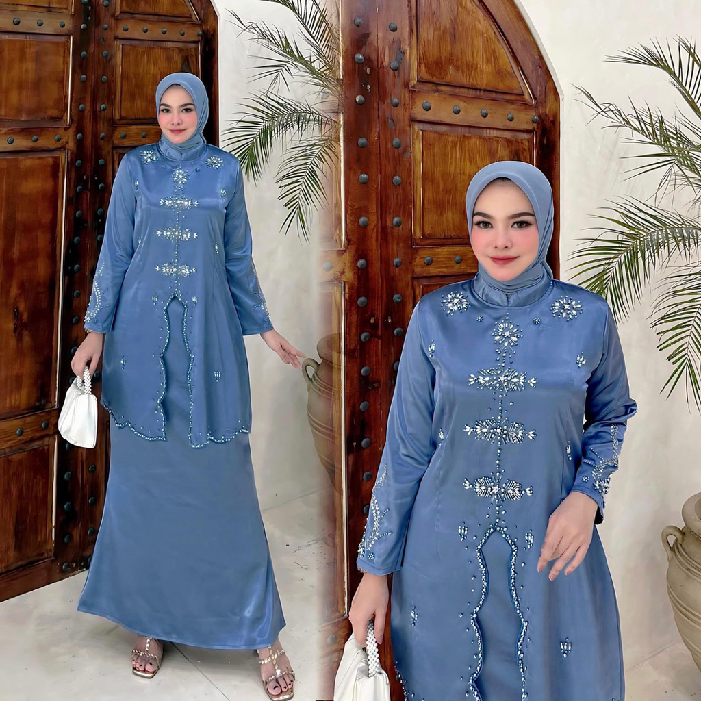 One set Baju Tunik Melayu polos payet wanita Terbaru