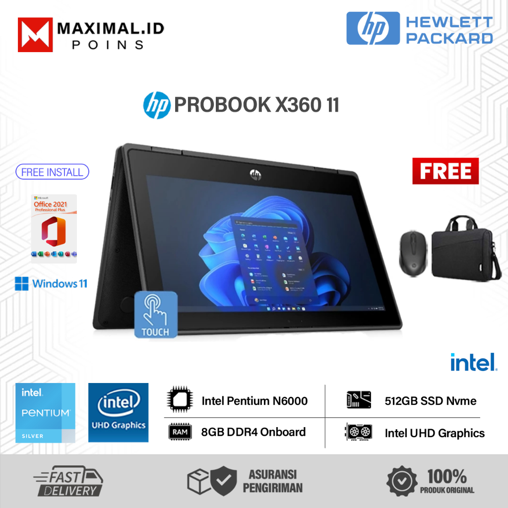 Laptop HP PROBOOK X360 11 Intel Pentium Silver N6000 Ram 8GB 512GB 11.6 Touchscreen Windows 11 Secon