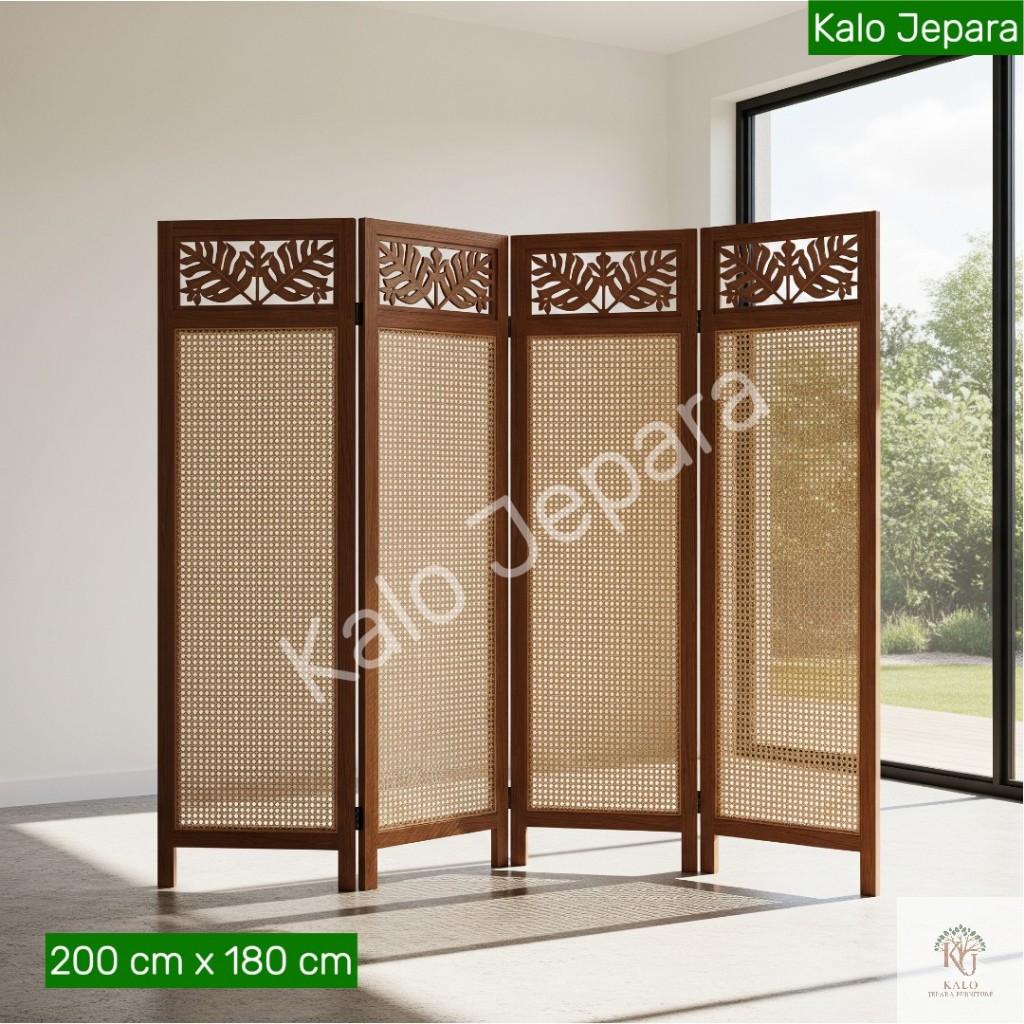 Sketsel Lipat 4 Panel Silang Kayu Jati Jepara Asli Partisi Ruangan Anyaman Rotan