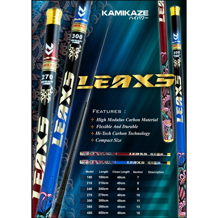 KAMIKAZE Joran Pancing Tegek LEAX 180cm - 450cm Hi-Carbon Blank Compact Size Kuat dan Ringan Joran P