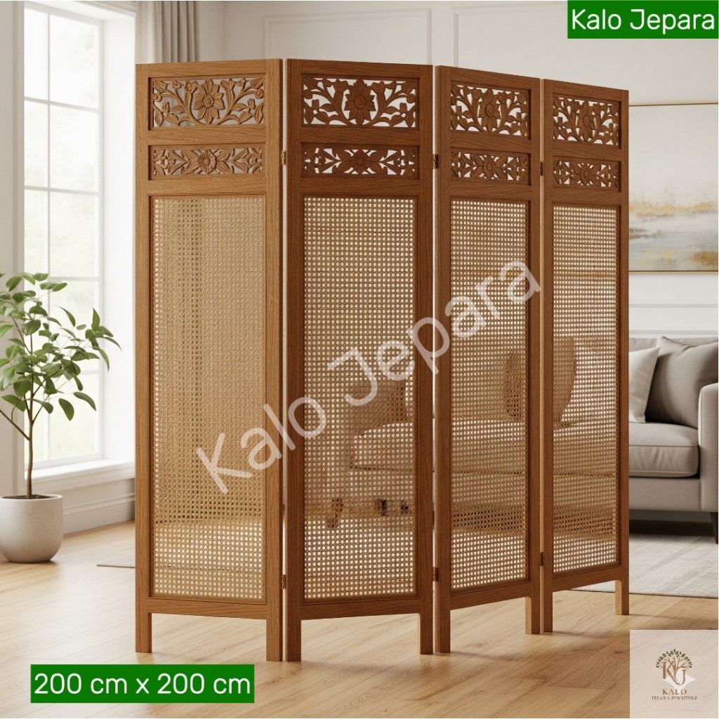 Partisi Ruangan Mewah Ukiran Jati Jepara Ukiran Bunga Pembatas Ruang Anyaman Rotan